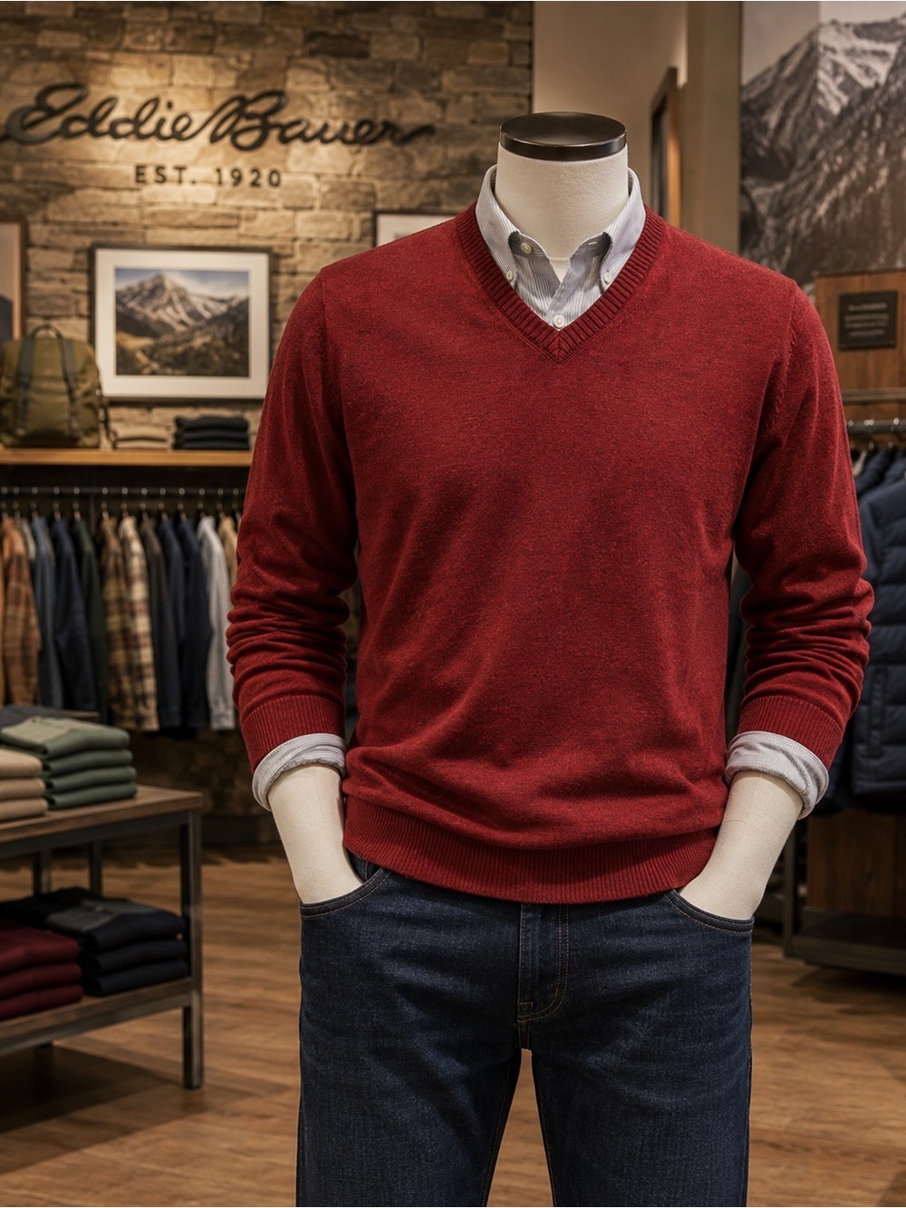 Eddie Bauer Cotton Cashmere V-Neck Sweater Large Burgundy Red Lightweight Knit